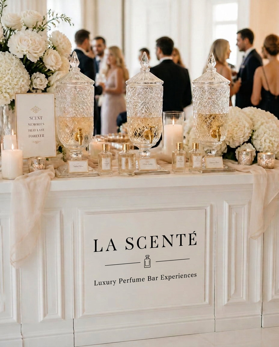 La Scenté fragrance bar set up at an event with guests in the background