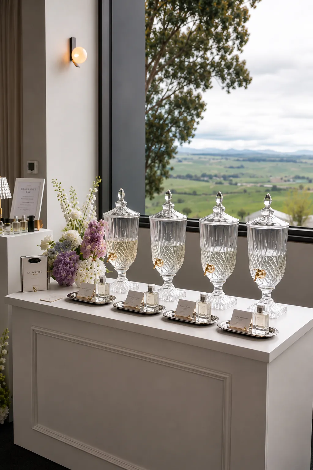 Guests at a La Scenté event fragrance bar, choosing signature scents from crystal dispensers on a white marble counter overlooking a mountain view